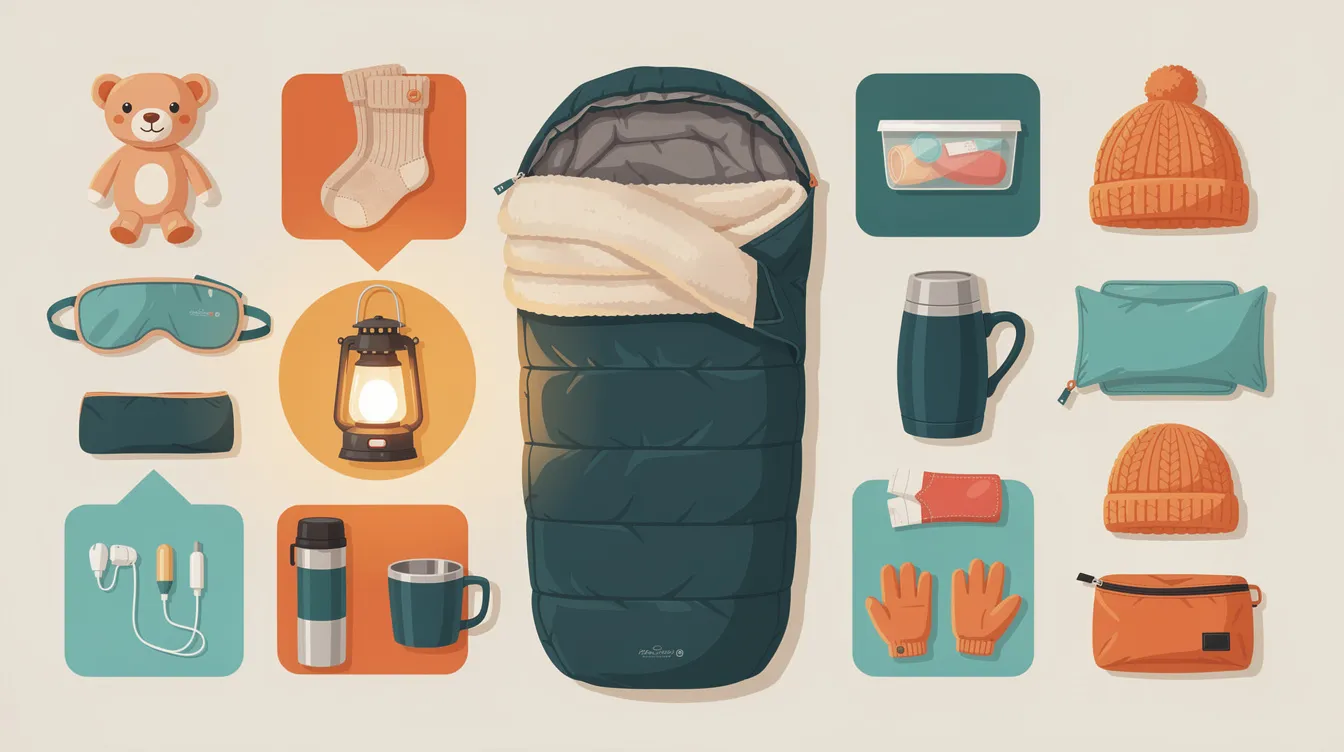 Comfort items packed for emergency situations, including a sleeping bag and warm blanket.