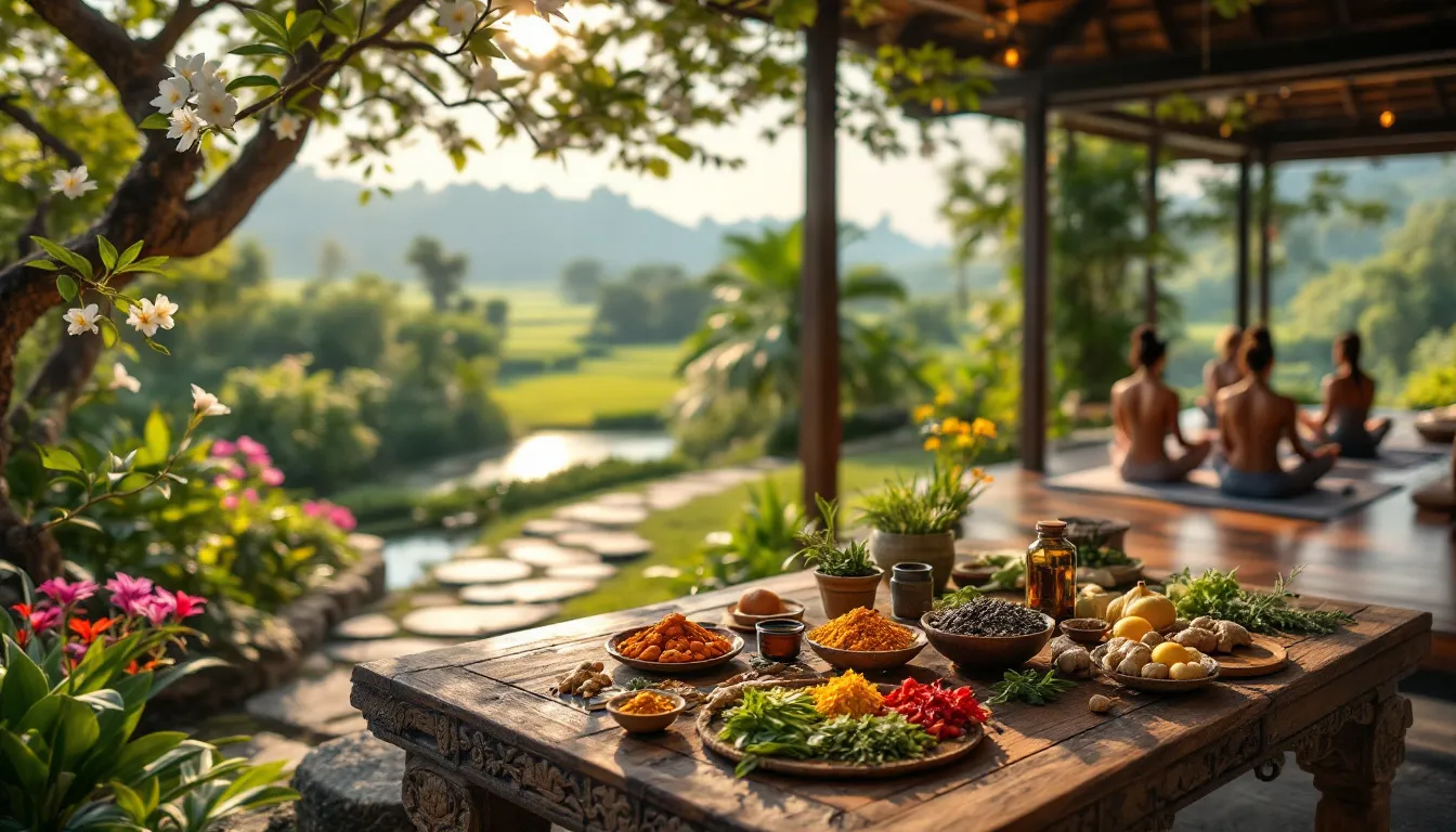 A holistic approach to health illustrated through various natural remedies and wellness practices.
