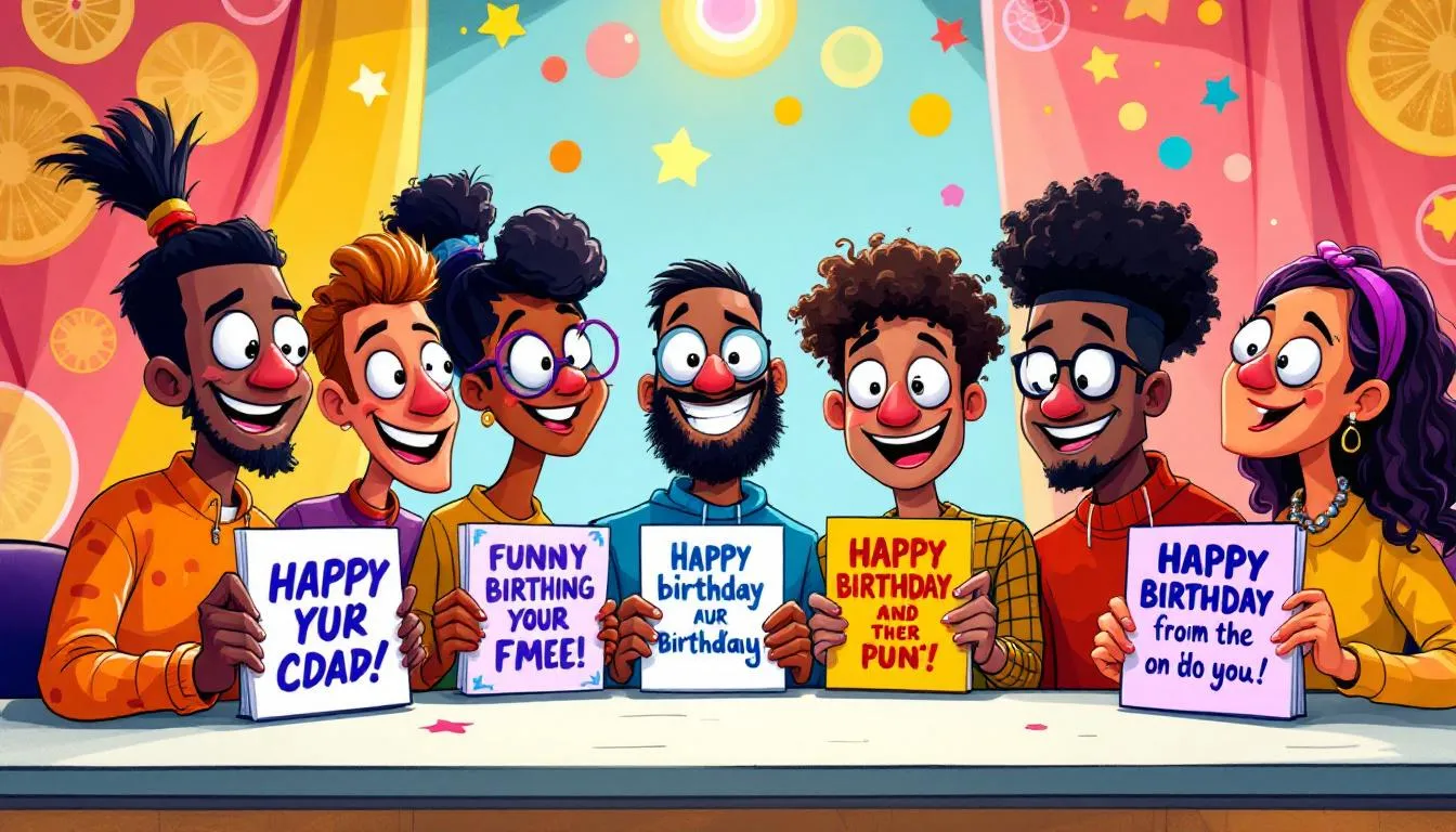 A group of friends celebrating with funny birthday ecards.