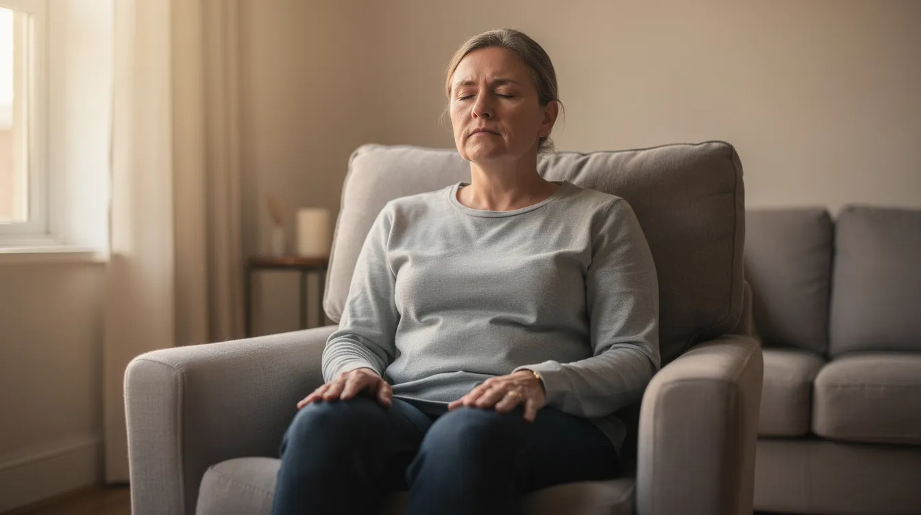 Indre uro: hva det egentlig handler om – og hvordan du kan finne ro 1 En person sitter rolig i en stol med lukkede øyne, og utfører en pusteøvelse for å håndtere indre uro og stress. Denne praksisen kan bidra til å redusere fysiske symptomer på angst og skape en følelse av ro i kroppen.