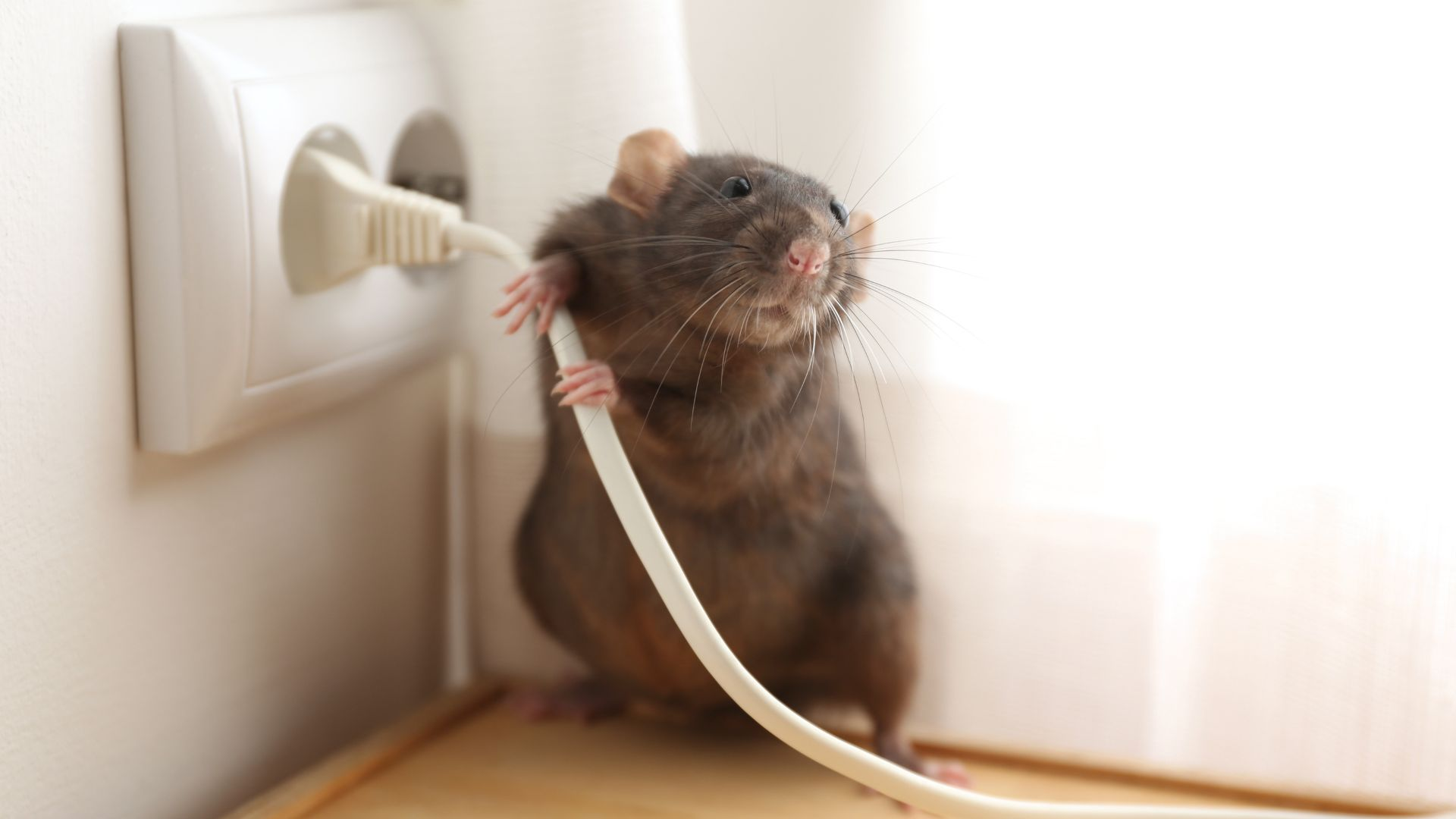 An image of a rat climbing near and electrical outlet.