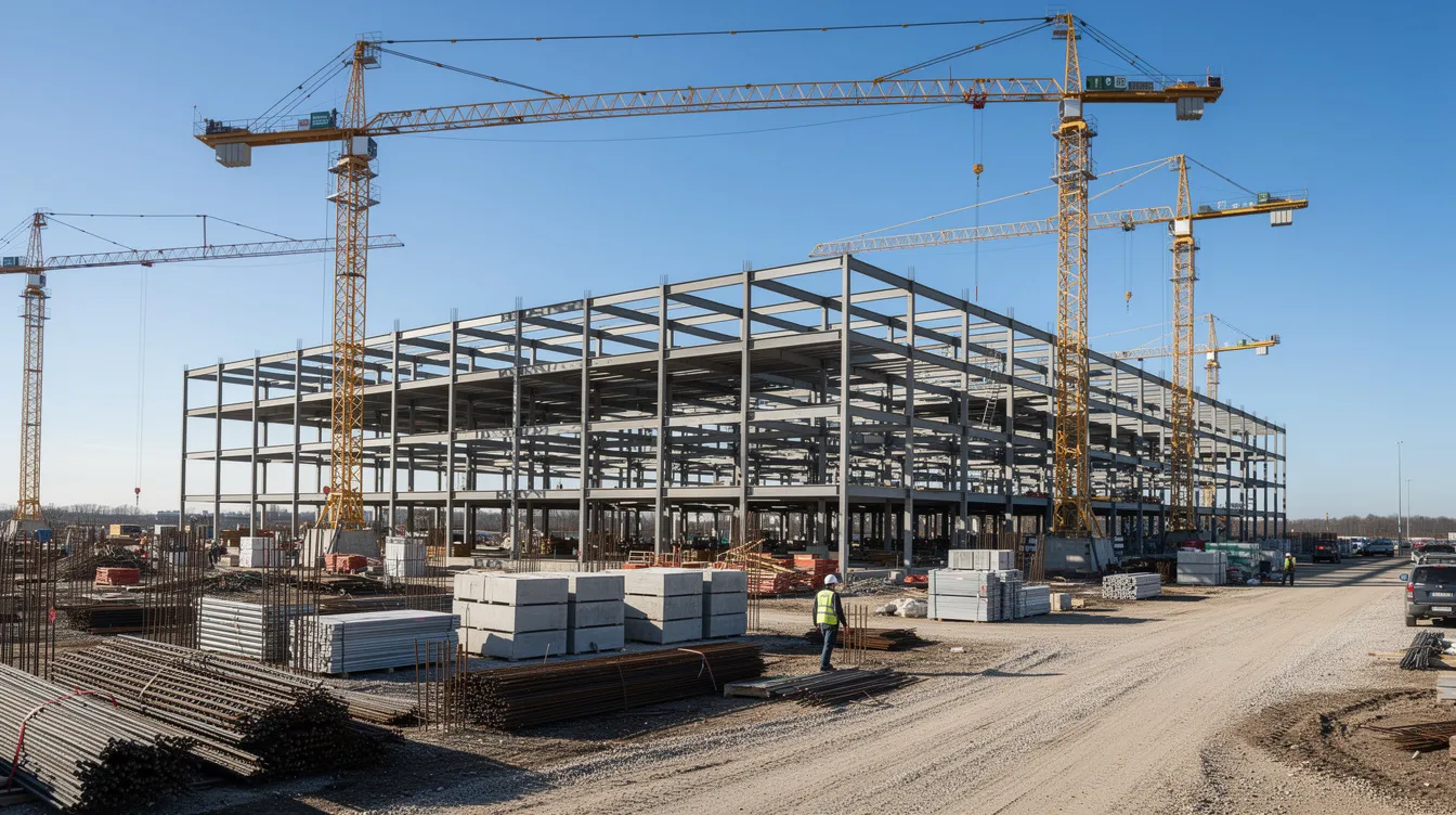 The image depicts a large-scale construction site featuring a robust steel framework and towering cranes set against a clear blue sky, showcasing the bustling activity of the construction industry. This scene exemplifies the dynamic nature of commercial construction projects, highlighting the expertise and commitment of construction companies involved in delivering high-quality results.
