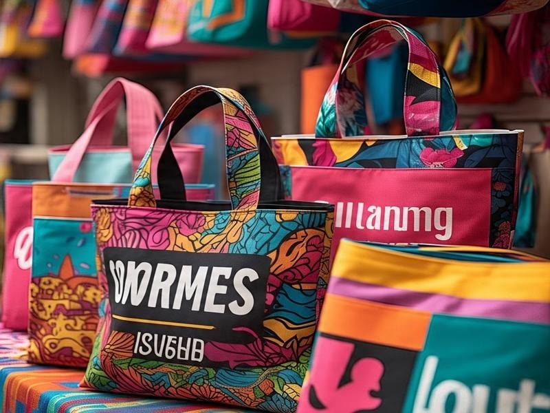 Colorfully patterned tote bags, some neatly arranged on a shelf while others are hanging.