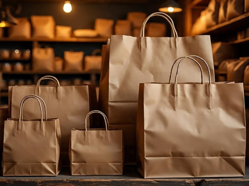 An image showing different sizes of brown paper bags neatly arranged on a wooden surface, with shelves of more bags in the background.