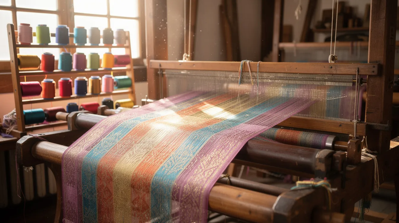 f48ba128 d3a7 4a54 bca5 585d8ed5201c The image depicts a vibrant array of colorful silk threads and fabrics displayed on traditional weaving looms within a well-lit workshop, showcasing the intricate manufacturing process of textile production. This setting highlights the potential for profitable business opportunities in the textile industry, particularly for budding entrepreneurs in Karnataka.