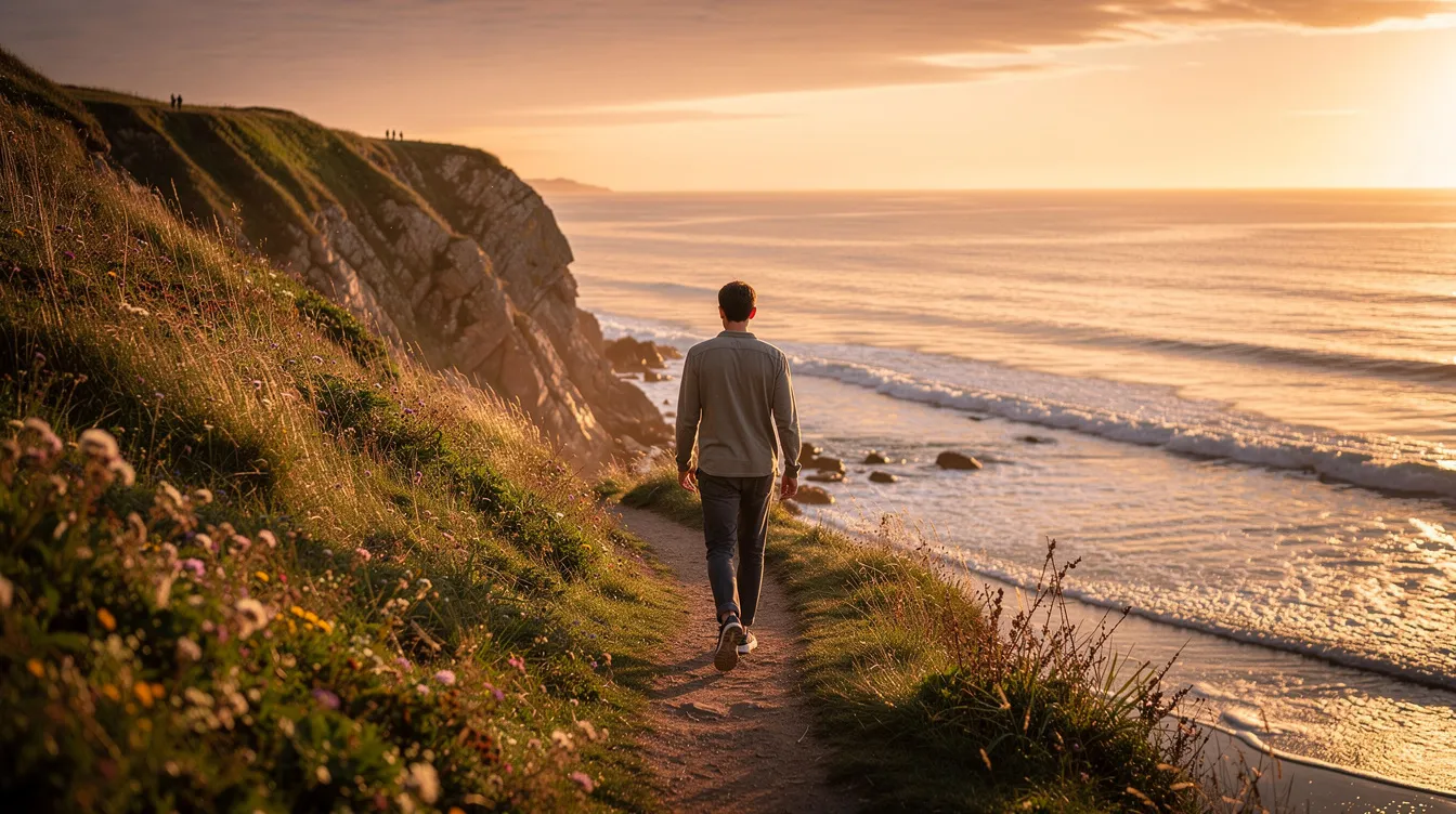 A person is walking along a serene coastal path during the golden hour, surrounded by gentle waves and soft sunlight. This peaceful scene can serve as a reminder of the importance of mental health and coping skills, especially for those dealing with post traumatic stress disorder (PTSD) or traumatic experiences.