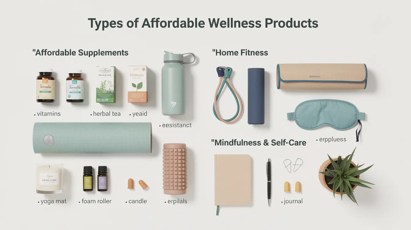 The image showcases a variety of affordable wellness products, including essential oils, an ice roller, and an eye mask, all designed to support self-care and wellbeing. These items are perfect for promoting relaxation, reducing stress, and enhancing your daily wellness routine.