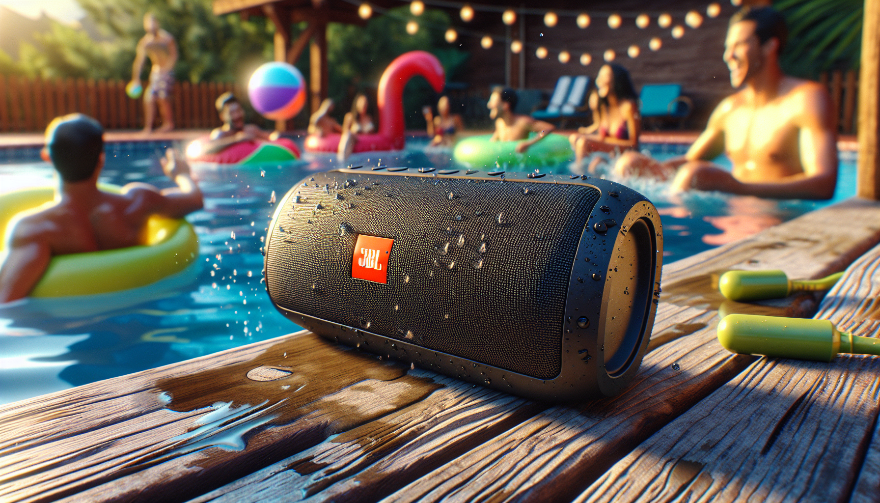 Ilustração da JBL Flip 6 à prova d'água em um ambiente descontraído