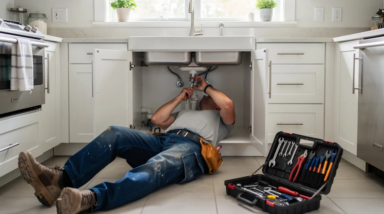 A licensed plumber is working under a kitchen sink in a residential home, addressing a plumbing problem with utmost care. The scene highlights the importance of reliable plumbing services for emergency repairs and maintenance in the home's plumbing system.