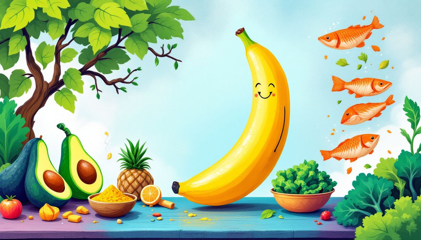 Comparaison visuelle entre une banane et d'autres aliments bénéfiques pour l'arthrose.