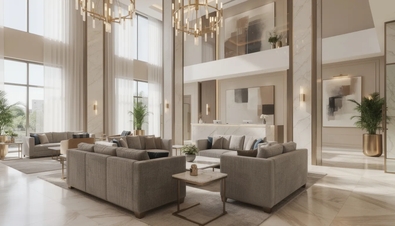 En elegant hotellobby med generösa loungesoffor i stilren design och vackra marmordetaljer. Rummet är inrett med lyxmöbler som skapar en inbjudande atmosfär för gästerna.