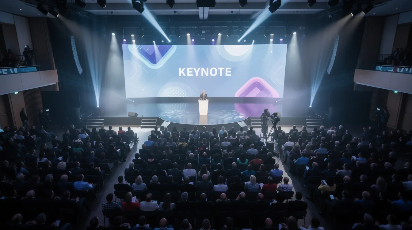 The image depicts a large, packed auditorium filled with an engaged audience attending a corporate keynote event, illuminated by dramatic stage lighting that enhances the atmosphere. The scene captures the energy of leadership keynote speakers sharing actionable insights aimed at fostering leadership development and team building among business leaders.