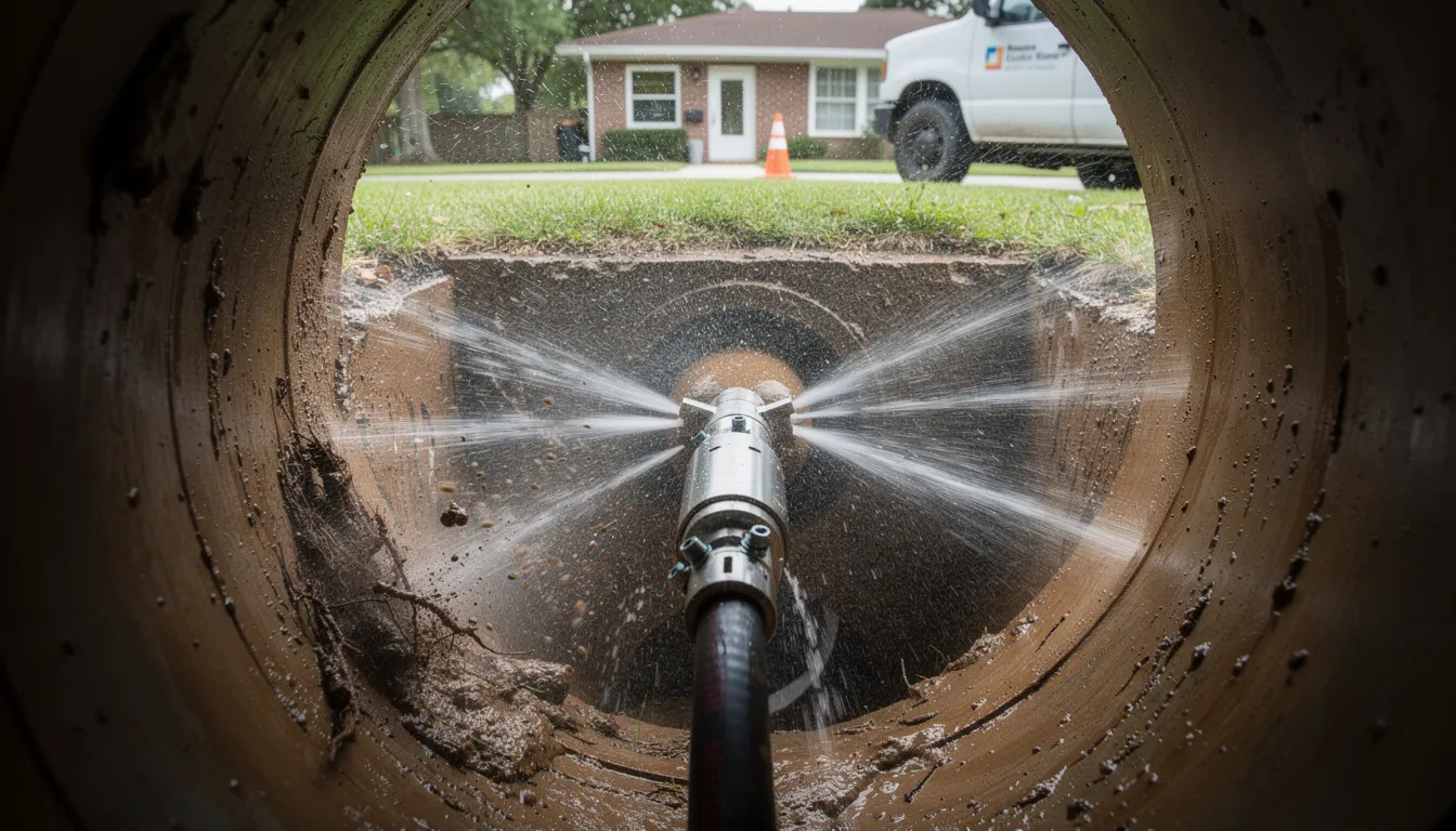 A professional drain cleaning technician is using high-pressure water jetting equipment to clear a clogged residential sewer line, effectively restoring proper flow in the plumbing system. This cutting-edge technology helps eliminate stubborn clogs and prevent future blockages in drain pipes.