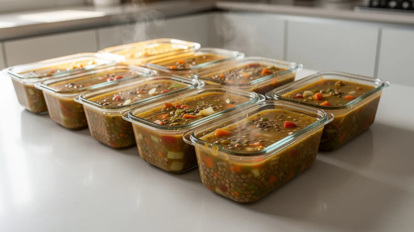 A kitchen counter displays rows of glass meal prep containers filled with hearty lentil soup, showcasing a nutritious and protein-packed lunch option. This satisfying meal is perfect for meal prep, offering a delicious, budget-friendly choice for those seeking healthy fats and plant-based protein.