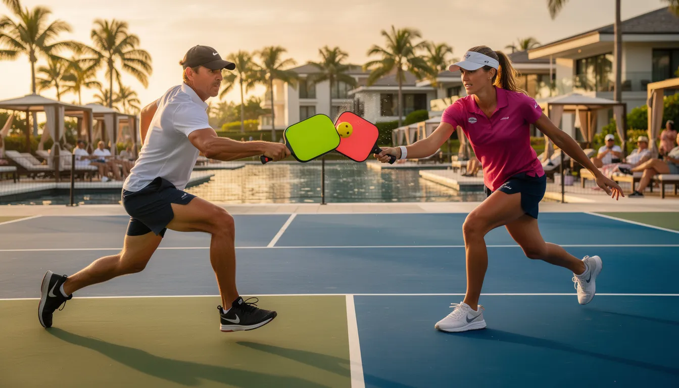 A dynamic scene featuring professional pickleball players engaged in an intense match on dedicated pickleball courts at a luxury resort, surrounded by palm trees and stunning views. This vibrant atmosphere showcases the excitement of competitive play, perfect for pickleball enthusiasts looking for a memorable pickleball vacation.