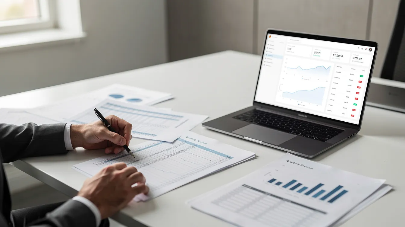A person is seated at a desk, reviewing financial documents while using a laptop, focusing on their financial plan and investment portfolio. This scene reflects the importance of personal financial advisors in helping clients achieve their long-term financial goals.