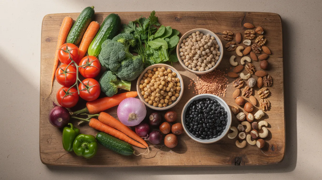 A wooden cutting board displays a vibrant assortment of fresh vegetables, legumes like black beans, and a variety of nuts, promoting a longevity diet rich in plant-based foods. This arrangement emphasizes healthy food choices that can contribute to weight loss, heart health, and a healthier life, aligning with principles of the fasting mimicking diet and Mediterranean diet.