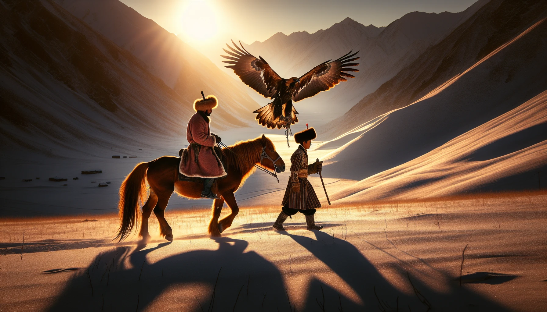 Horseback riding through the vast landscape of the Altai Mountains with a Kazakh eagle hunter