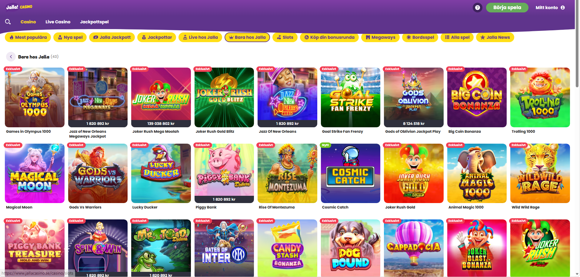 Jalla Casinos sida med exklusiva spel under kategorin "Bara hos Jalla".