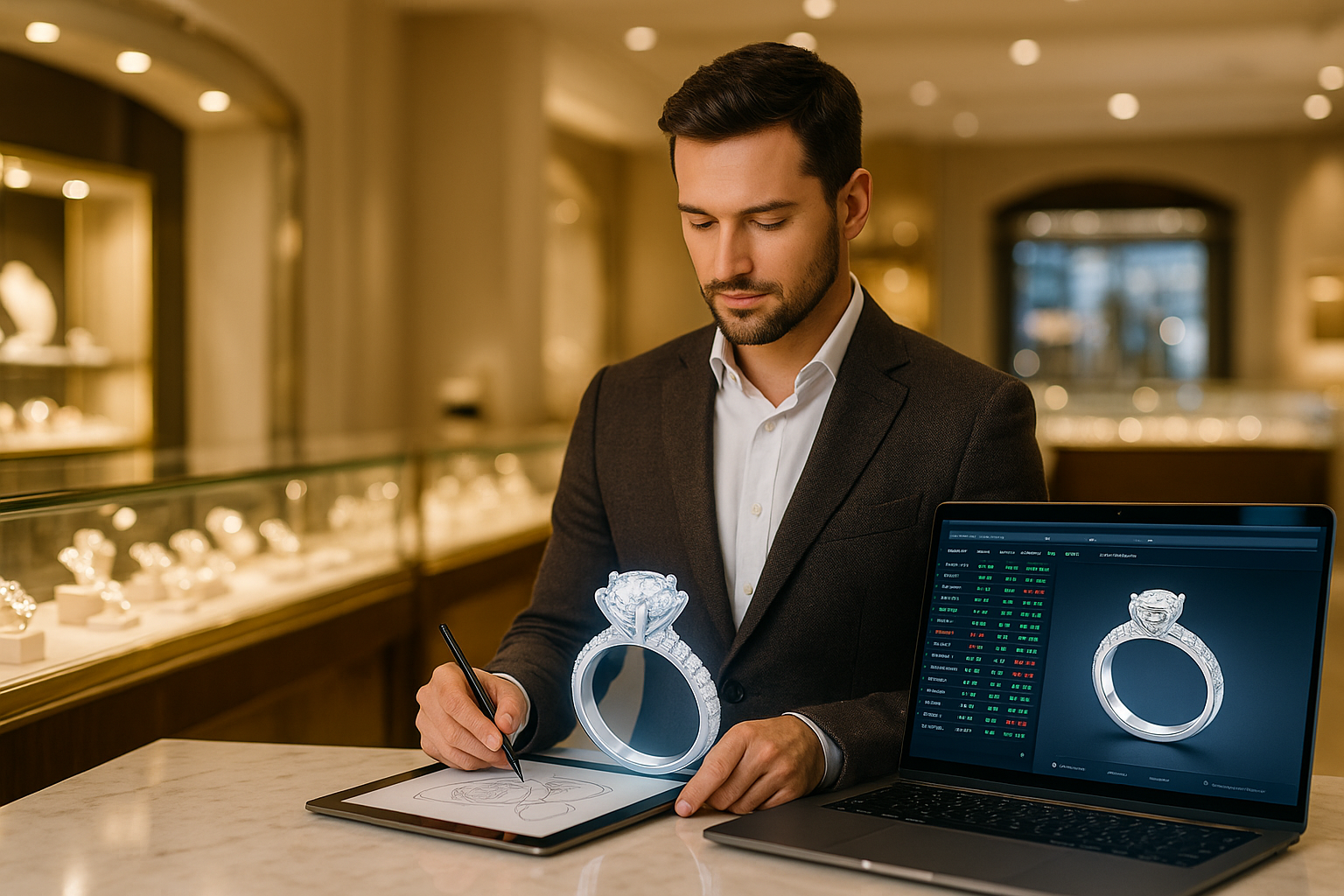 Juvelyras juvelyrikos parduotuvėje planšetėje piešia klientui žiedo eskizą