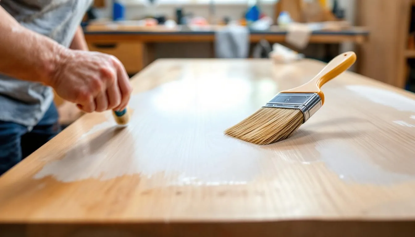 Applying a finish to a refinished piece of furniture.