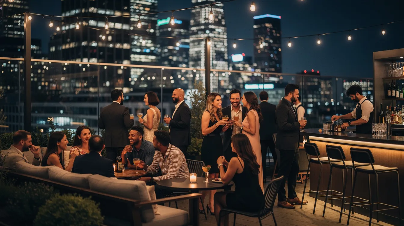 The image depicts a lively rooftop bar scene in Chicago, where singles events are taking place. Attendees are engaged in conversations, enjoying drinks, and exchanging contact information in a relaxed environment, creating potential matches and new friendships under the evening sky.