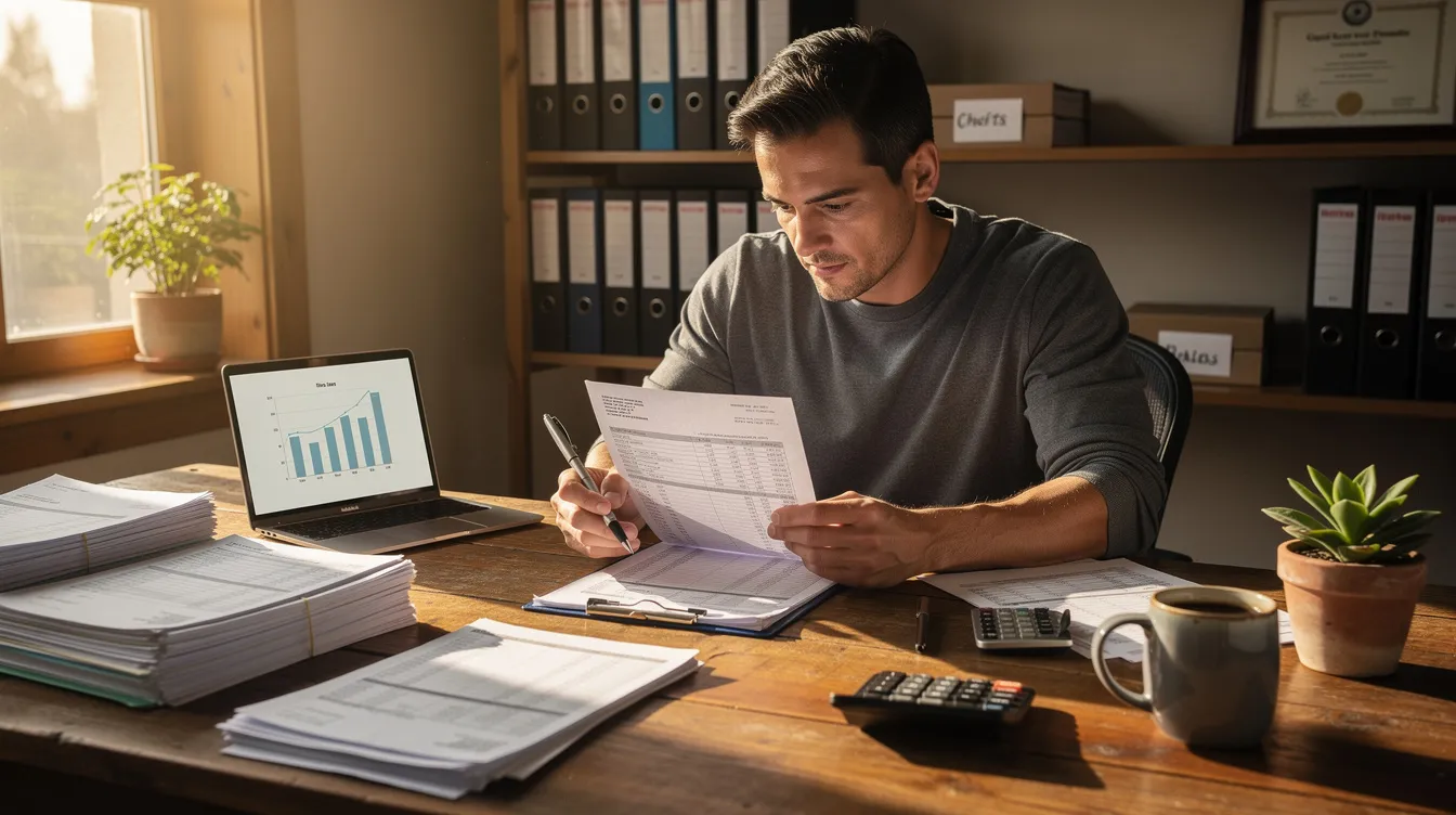 f49a55c5 4637 473d bfad 8404a1a6b30f A small business owner is meticulously reviewing financial documents at a wooden desk, highlighting the importance of complete financial information for securing a mudra loan. The scene reflects the dedication needed to manage project logistics details and the commercial aspects of their micro enterprise.