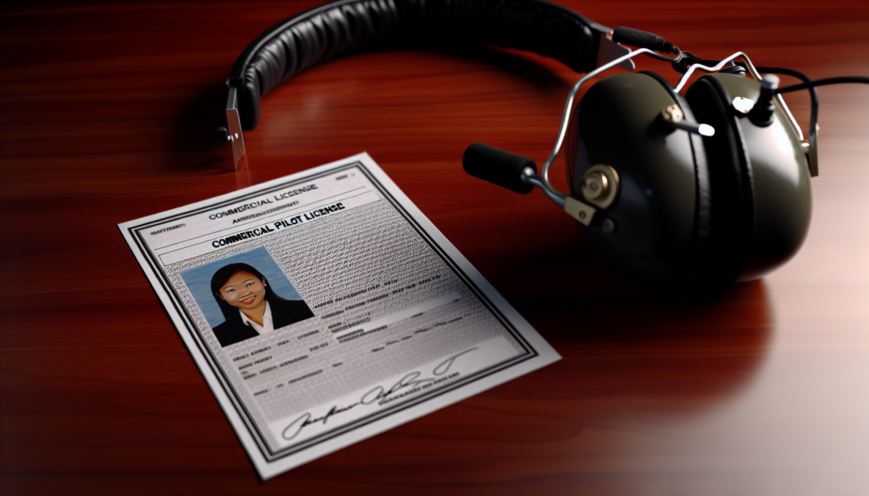 Commercial pilot license document and aviation headset