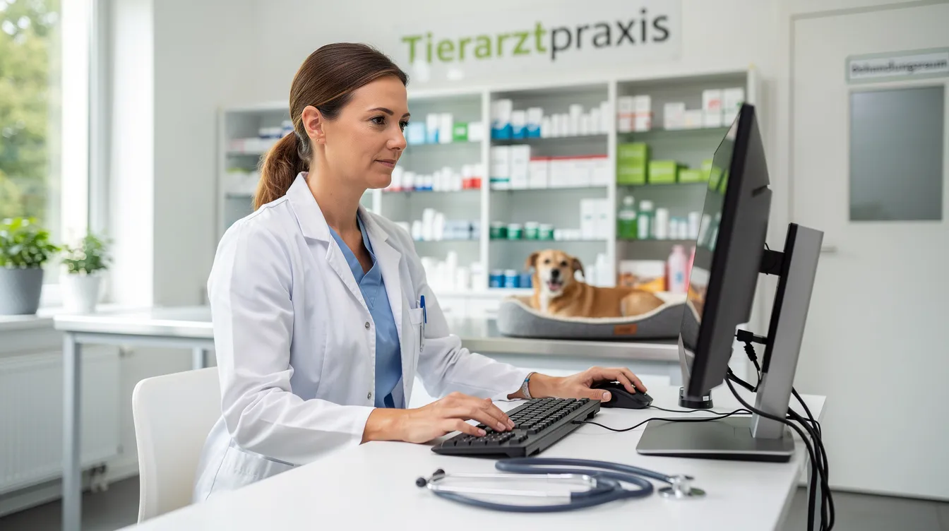 Eine Tierärztin sitzt an einem Computer in einer modernen Tierarztpraxis und arbeitet an einem Fall. Auf dem Bildschirm sind Informationen zu sehen, die möglicherweise von IDEXX stammen, während im Hintergrund die freundliche Atmosphäre der Praxis spürbar ist.