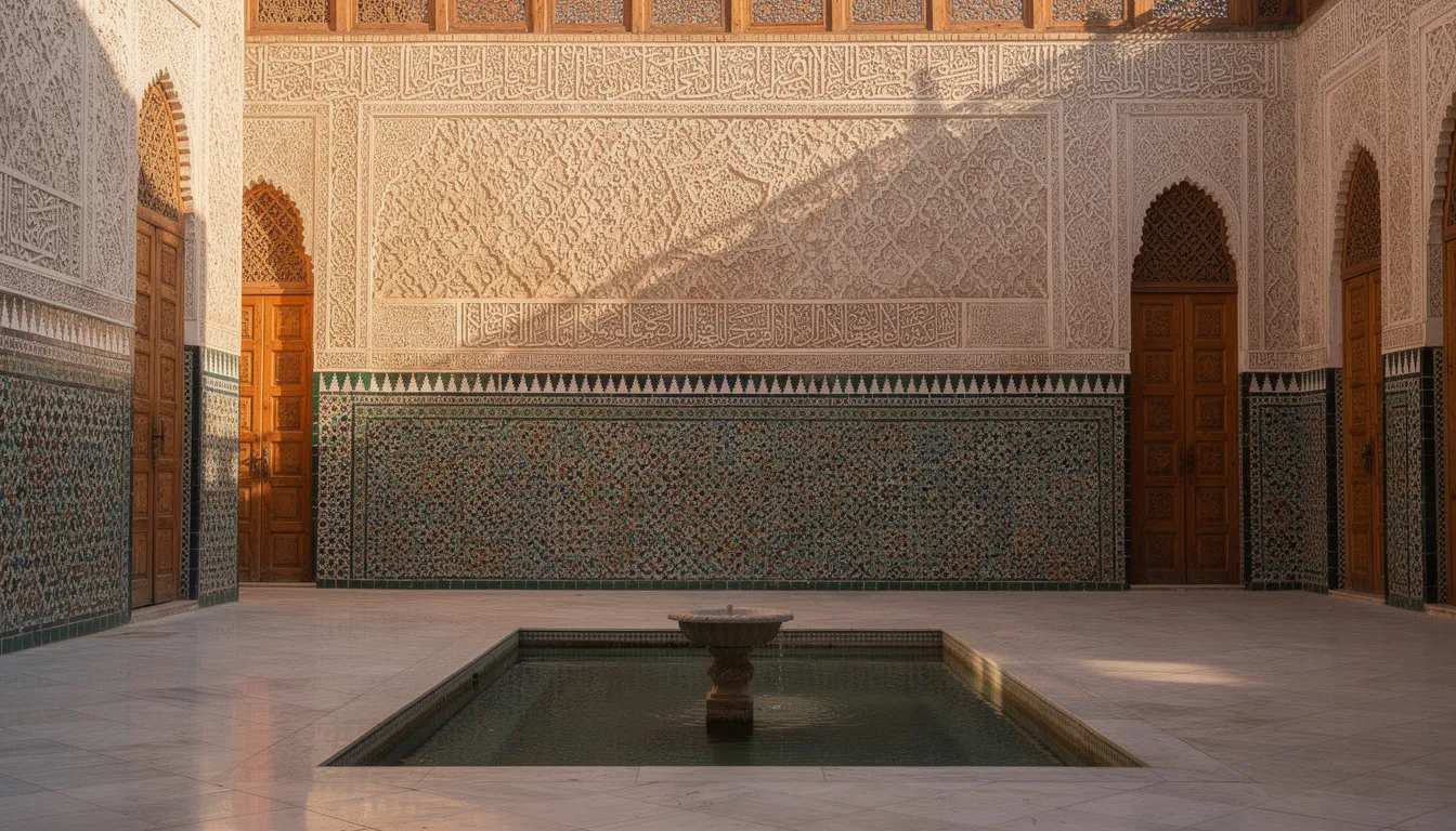 The image depicts the courtyard of a historic Moroccan madrasa, showcasing intricate zellige wall panels adorned with vibrant colors and geometric patterns. The craftsmanship of the mosaic tilework reflects traditional Moroccan architecture, highlighting the beauty of handmade tiles and floral motifs that decorate the space.