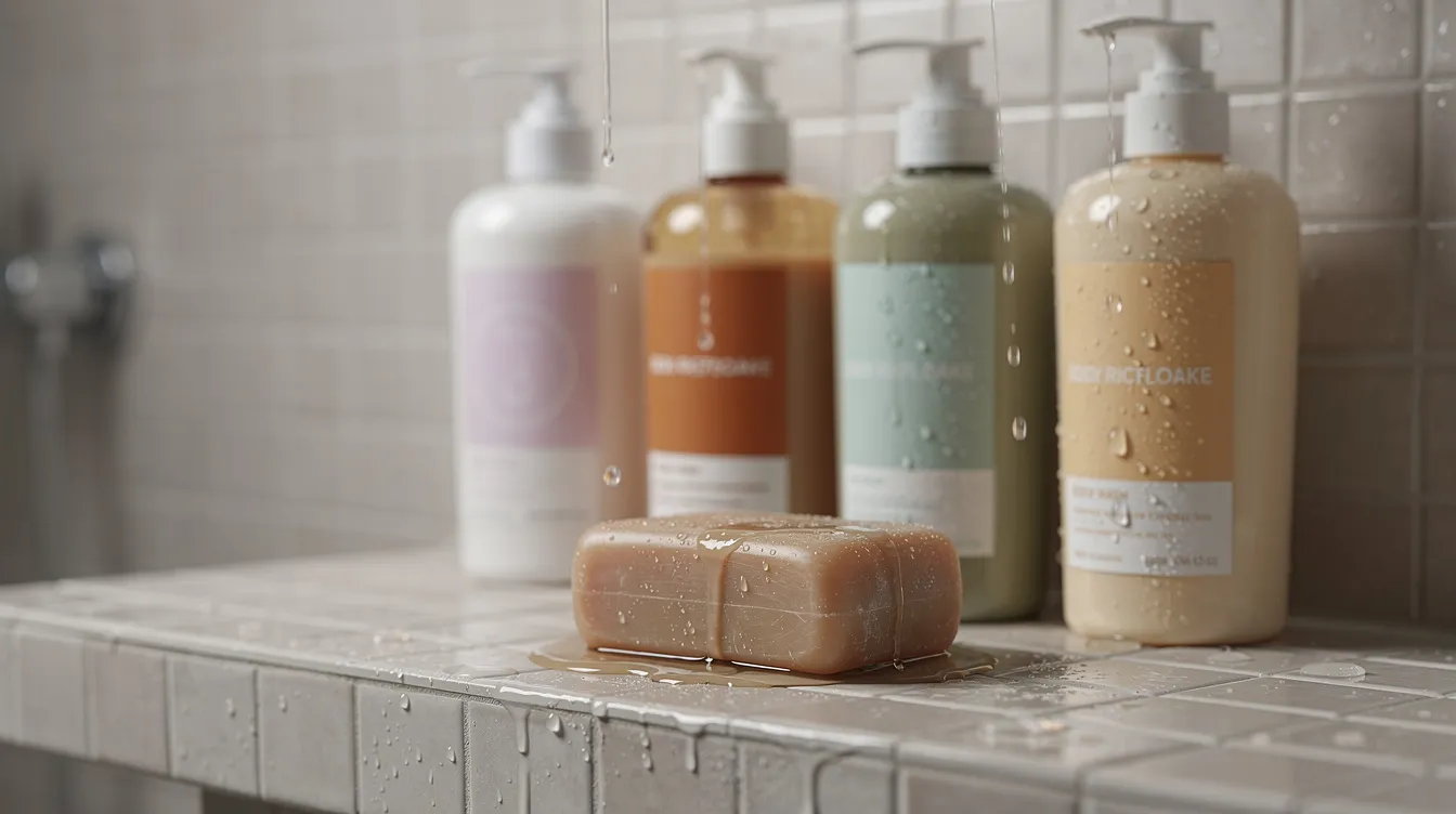 The image features several bottles of body wash, including a moisturizing body wash, arranged neatly on a wet shower shelf alongside a bar of soap. This setup highlights various grooming products designed for different skin types, ensuring clean, hydrated skin while offering a rich lather and soothing ingredients.