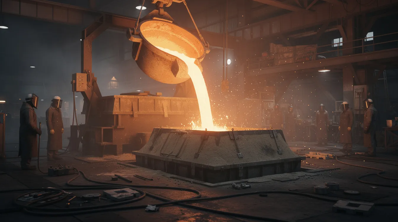 The image depicts an industrial foundry scene where glowing molten iron is being poured from a ladle into a sand mold, showcasing the casting process essential for creating ductile iron castings. The bright, liquid metal suggests high temperatures and highlights the properties of ductile iron, known for its excellent wear resistance and tensile strength in various industrial applications.