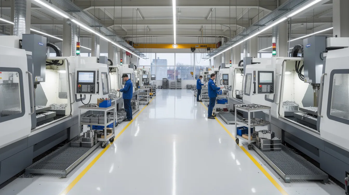 The image depicts a wide-angle view of a modern CNC machining factory floor, showcasing rows of advanced CNC milling and turning centers. This environment highlights the precision machining capabilities of the facility, emphasizing the advanced equipment and high precision parts being produced in a high-volume production setting.