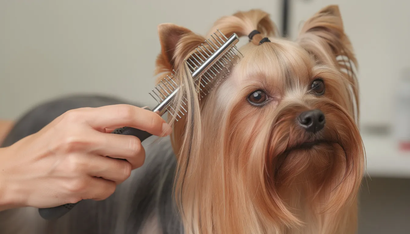 A Yorkshire Terrier is being gently brushed with a pin brush, showcasing the proper grooming technique for its silky coat. The tiny Yorkie, with its characteristic blue and tan coloring, enjoys the attention while having its hair carefully maintained.