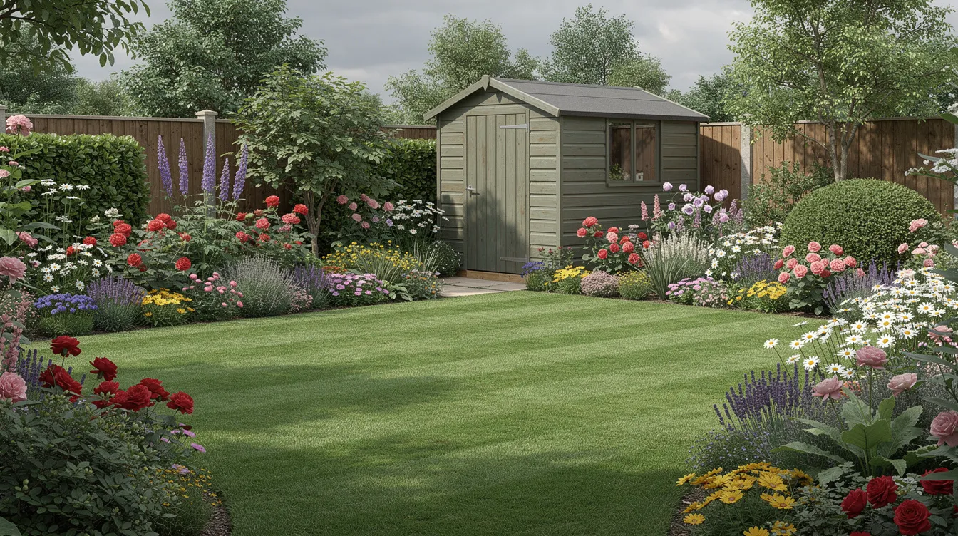 The image depicts a luscious green lawn in a UK back garden, surrounded by vibrant, colourful borders filled with various plants. In the background, a garden shed adds charm to the scene, highlighting the importance of regular lawn care for maintaining a healthy lawn.