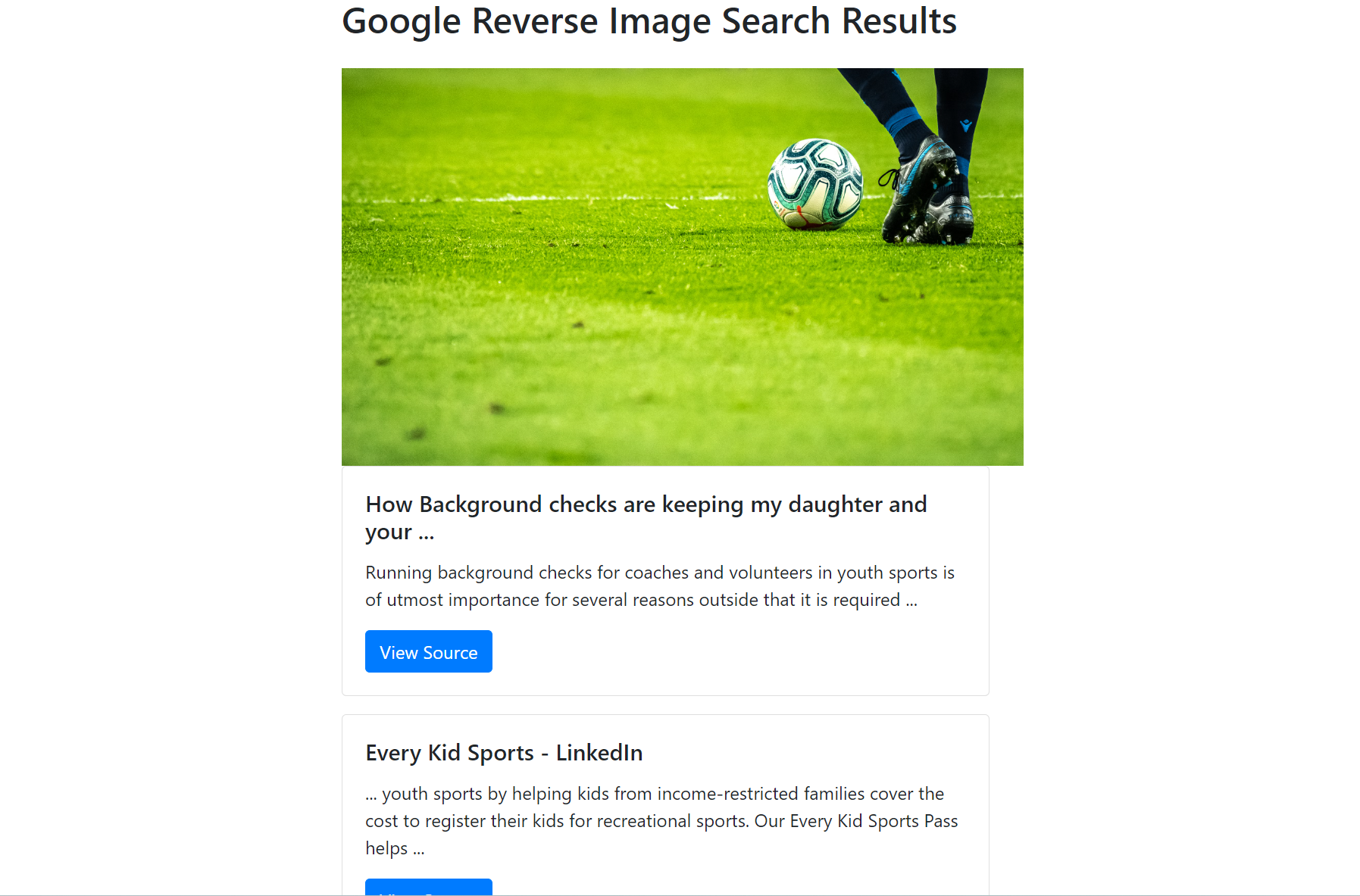 output of the web application developed with zenserp google reverse search api