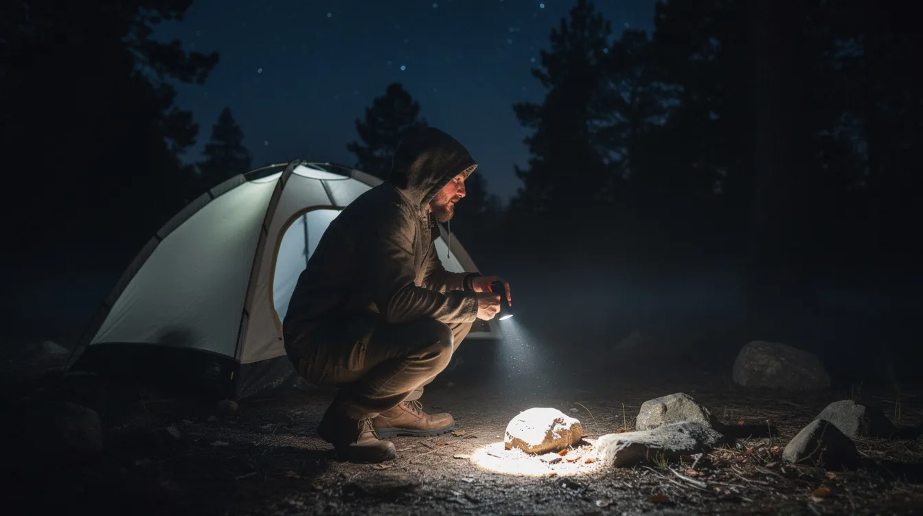 A person is crouching near a tent at a dark campsite, using a compact flashlight to illuminate the ground. The handheld light emits a bright beam, providing enough light for navigating the area, showcasing its practicality as a reliable everyday carry (EDC flashlight) for outdoor use.