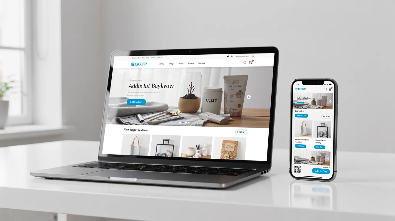 The image features a modern ecommerce store interface displayed on both a laptop and a mobile phone, showcasing optimized product pages and a fully customizable design. This setup highlights the convenience of using an AI store builder for online business, allowing store owners to start selling with just a few clicks.