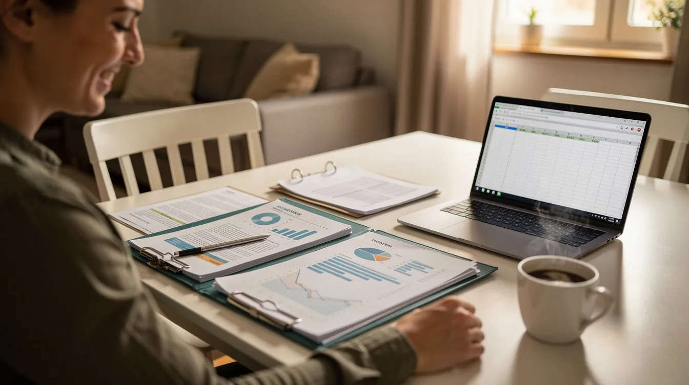A relieved person sits at a table at home, reviewing organized financial documents while enjoying a cup of coffee. The atmosphere suggests a sense of accomplishment and clarity in managing their financial situation, possibly related to their 清 數 or debt repayment plans.