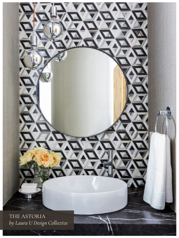 add warmth with florals in a bold geometric powder room like this one