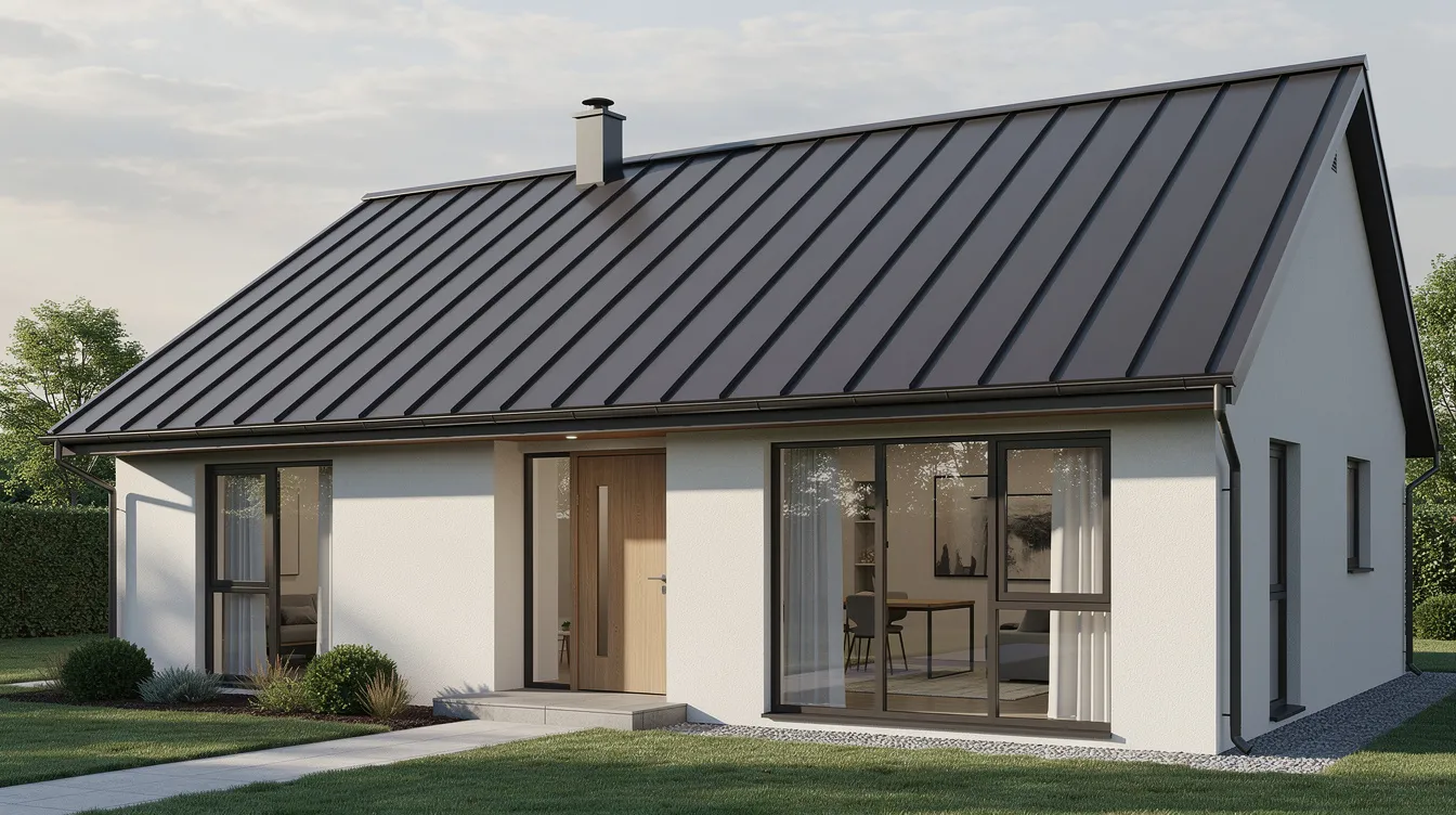 The image depicts a modern home with a sleek metal roof, surrounded by a beautifully designed landscape that showcases the artistry of landscape designers. The outdoor space features vibrant plants and hardscape elements, creating a dream yard that enhances the property's overall style and appeal.