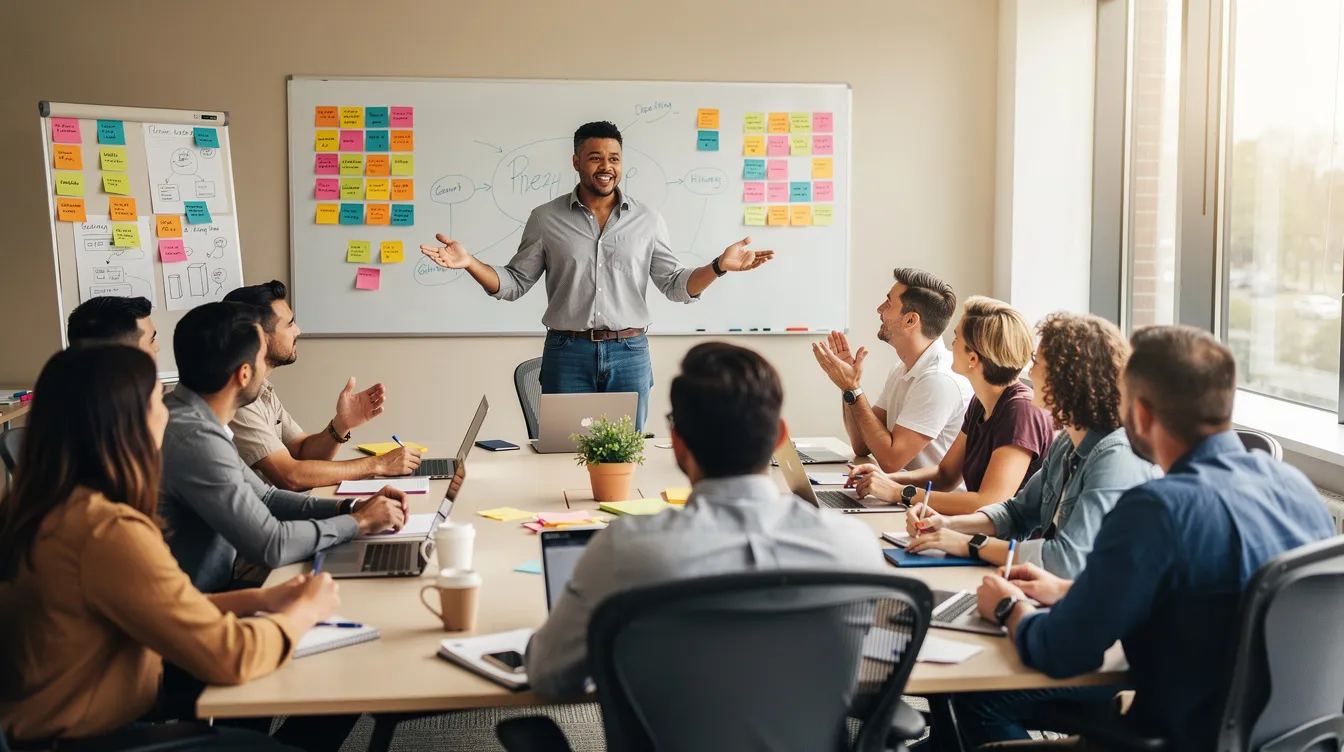 The image depicts a facilitator leading a dynamic workshop with a diverse group of participants actively engaged in discussion. The setting emphasizes collaboration on topics related to ESG initiatives, corporate governance, and sustainable investment strategies, highlighting the importance of community involvement and transparency in addressing environmental risks and social impact.