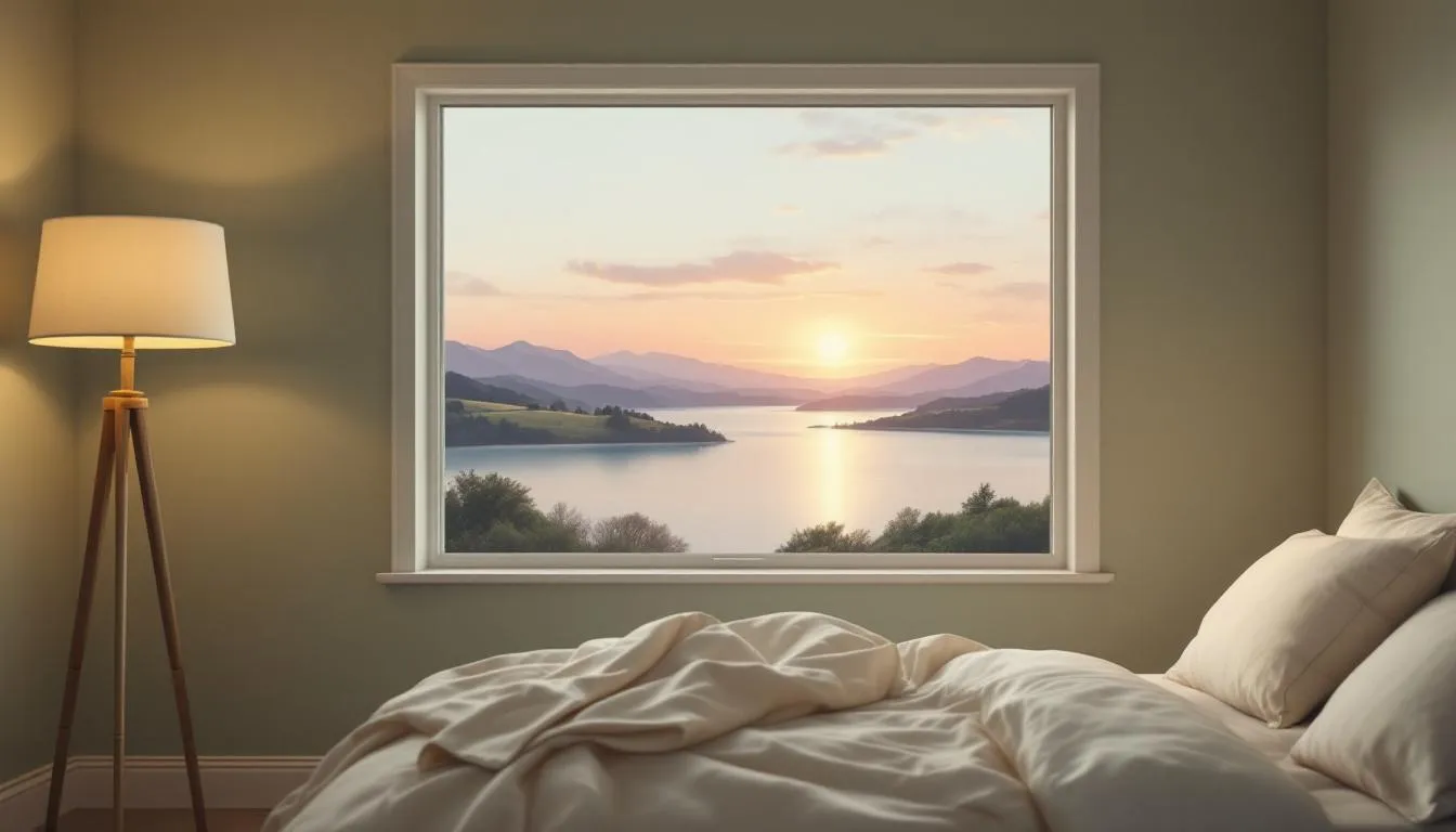 A cozy bedroom setup designed for better sleep quality, featuring soft lighting and calming decor.