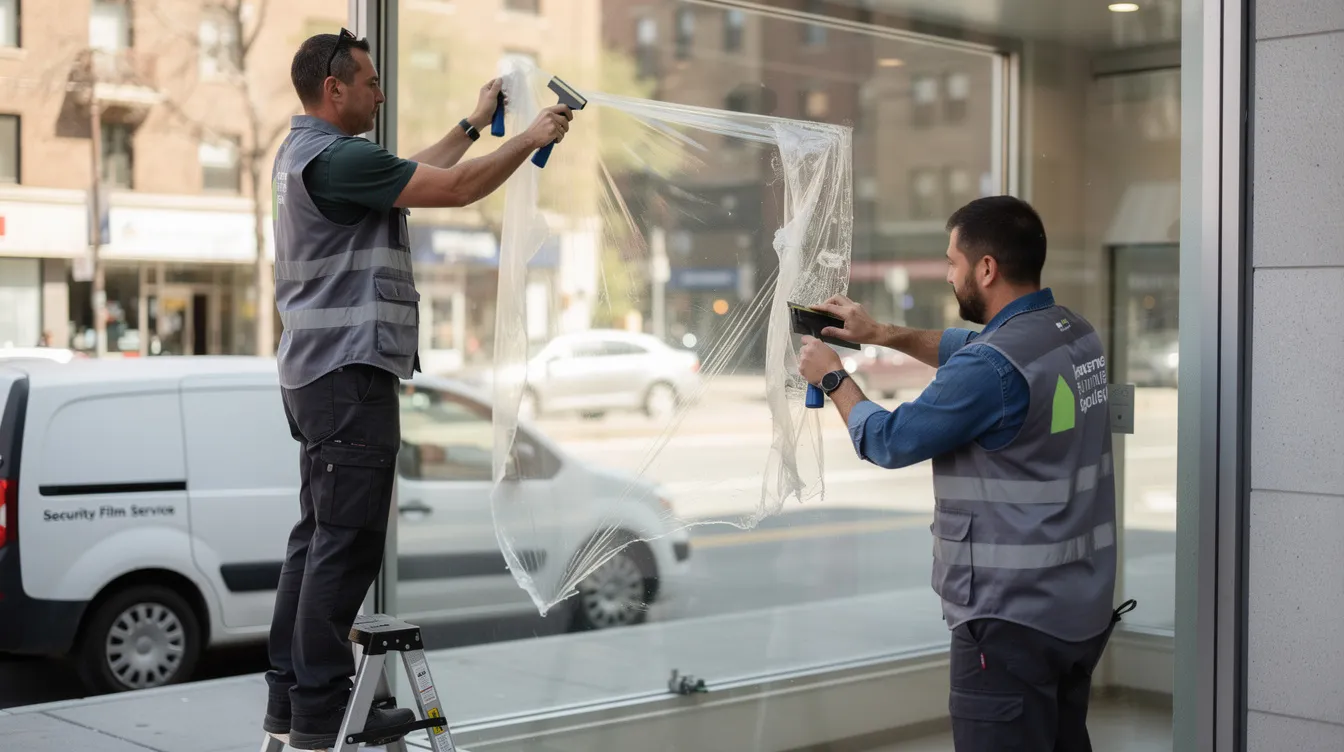 Two men are installing security window film on a shop window, focusing on enhancing safety measures without any visible writing on the window or their shirts. The installation of this protective film aims to delay forced entry and increase the security of the glass windows.