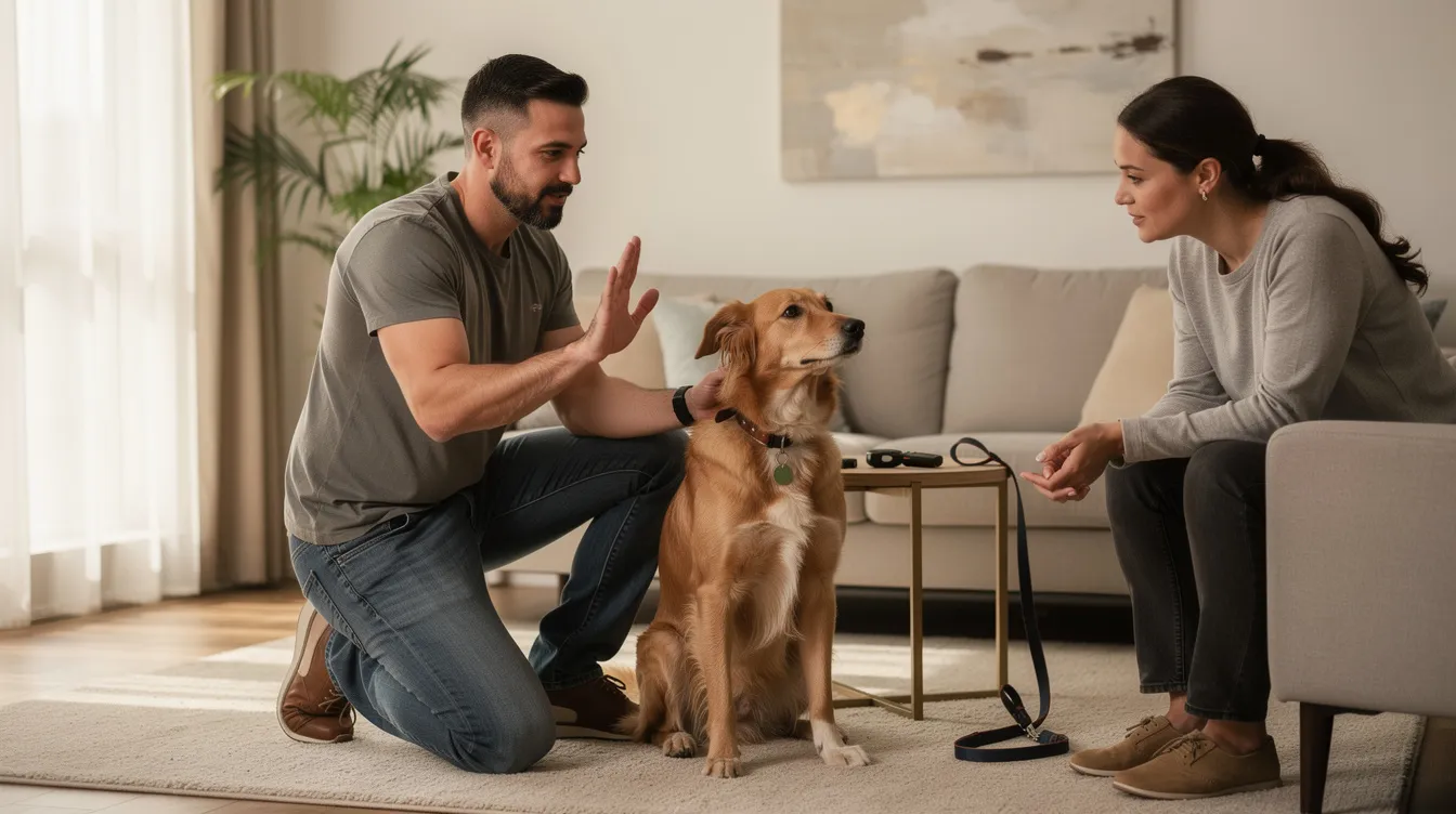 The image depicts a dog trainer in a bright, open space, using high-value treats from a treat pouch to reinforce good behavior as the dog sits attentively, responding to hand signals. The trainer’s body language conveys encouragement, highlighting the bond between them during the training session focused on teaching the dog to listen without the constant presence of treats.