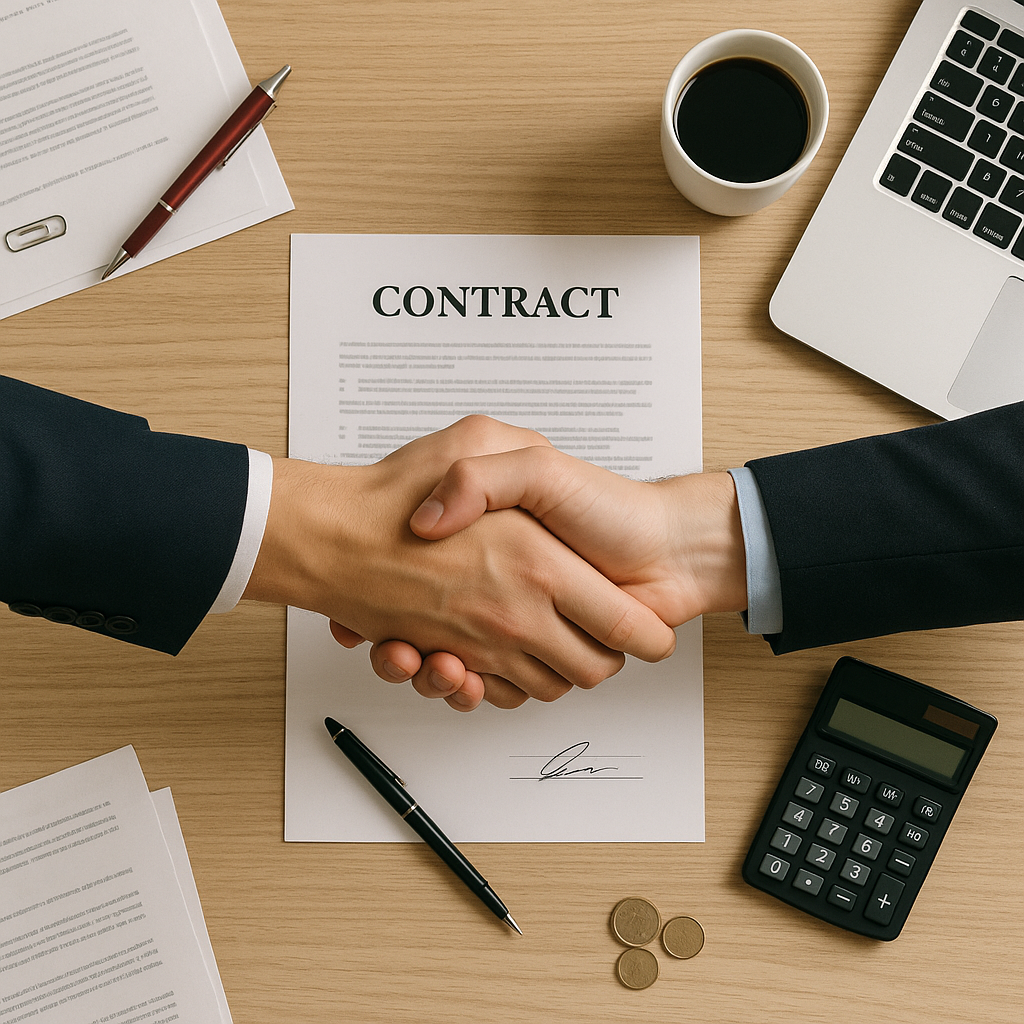 Overhead of two people shaking hands over a signed contract with pen and calculator highlighting cost management strategies and cost reduction through contract renegotiation.