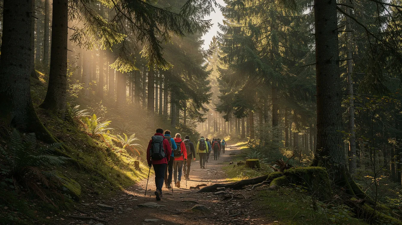 Turyści wędrują leśną ścieżką wśród wysokich świerków, a promienie słońca przebijają przez korony drzew, tworząc piękne widoki. To idealne miejsce na szlaki górskie, gdzie można cieszyć się naturą i odpocząć od codzienności.