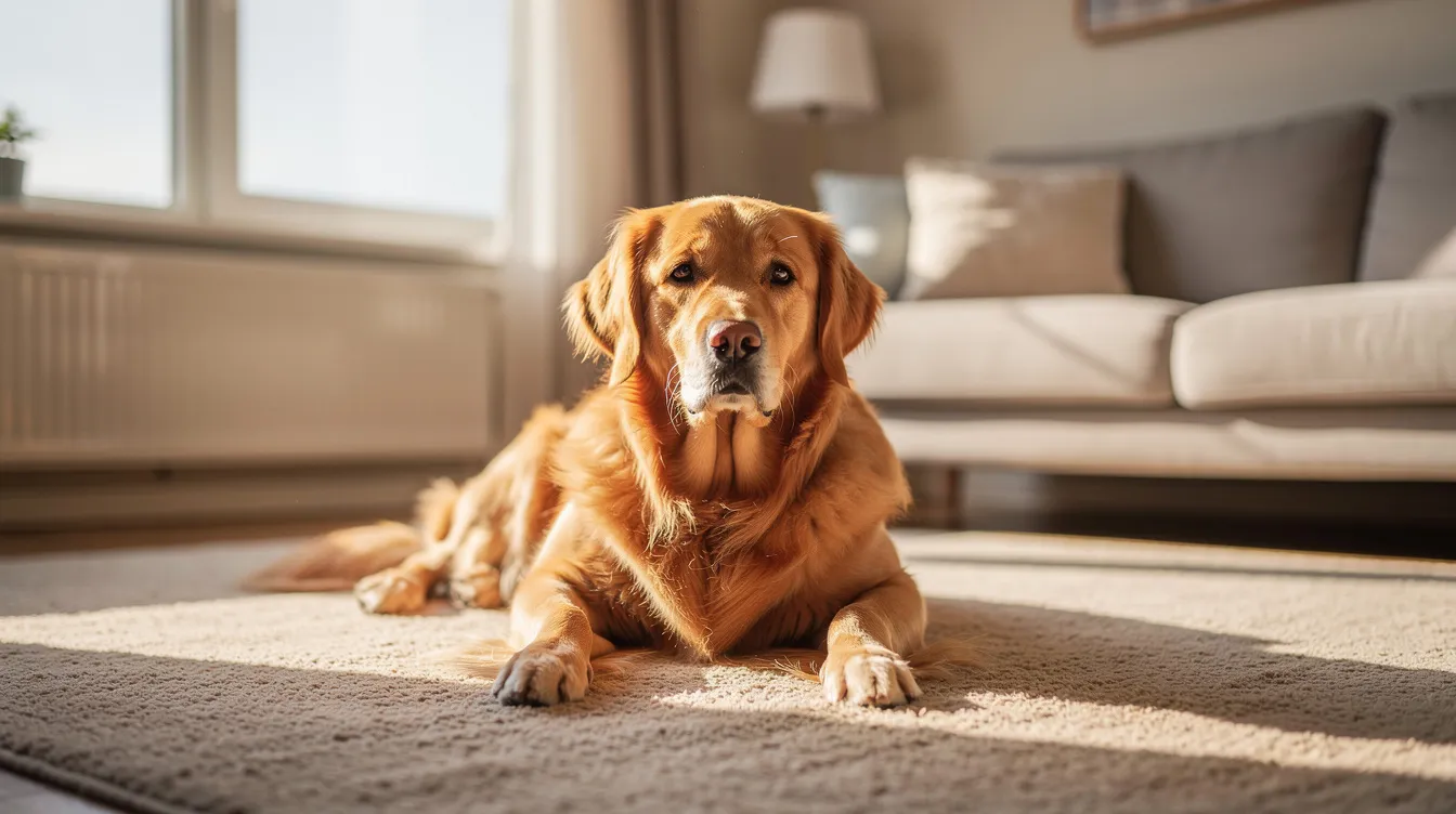 A golden retriever is comfortably lying on a clean beige carpet in a sunlit living room, showcasing the pristine appearance of the carpet that enhances the living space. The sunlight highlights the dog's fur, creating a warm and inviting atmosphere, ideal for a healthier living environment.