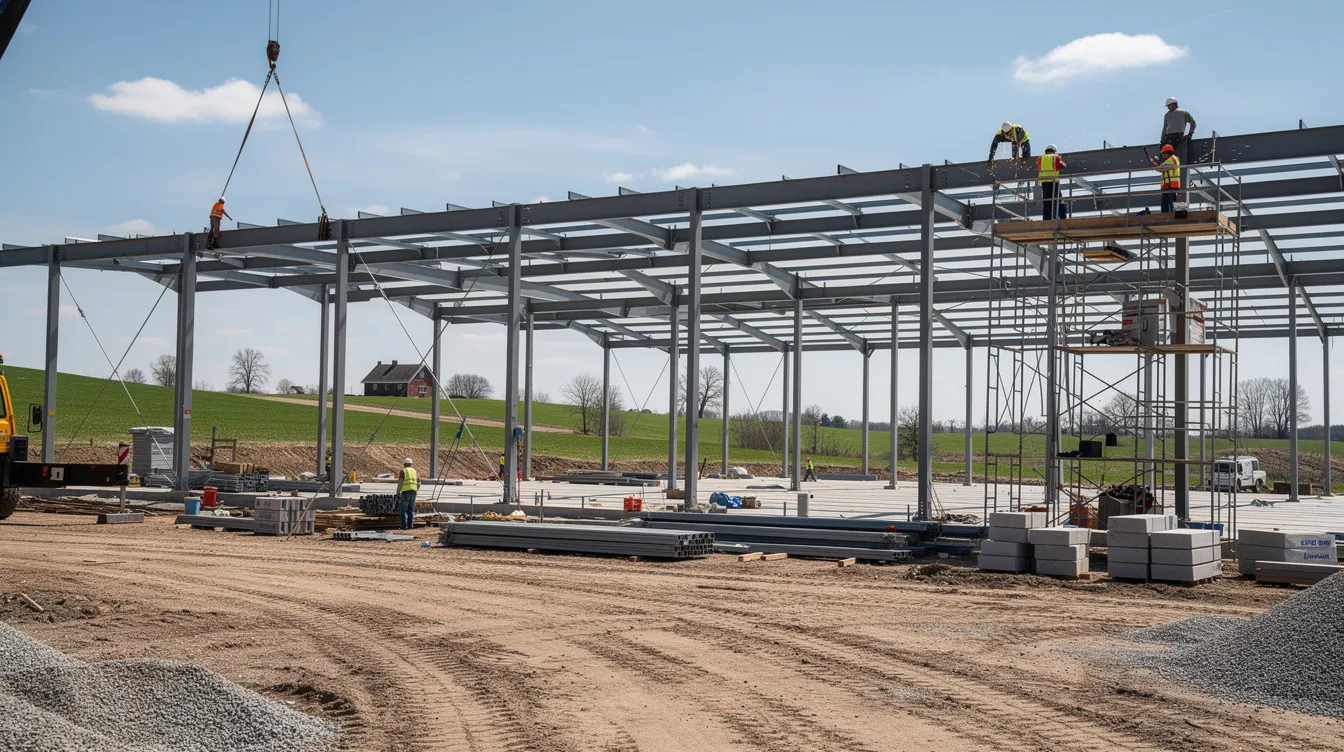 f4af1d33 294e 42f4 97cf fa66acb1a4bc The image depicts the construction of a large warehouse building with a steel framework, surrounded by workers on a rural site. This project is part of efforts to enhance storage infrastructure and scientific storage capacity for agricultural produce, contributing to food security in rural areas of India.