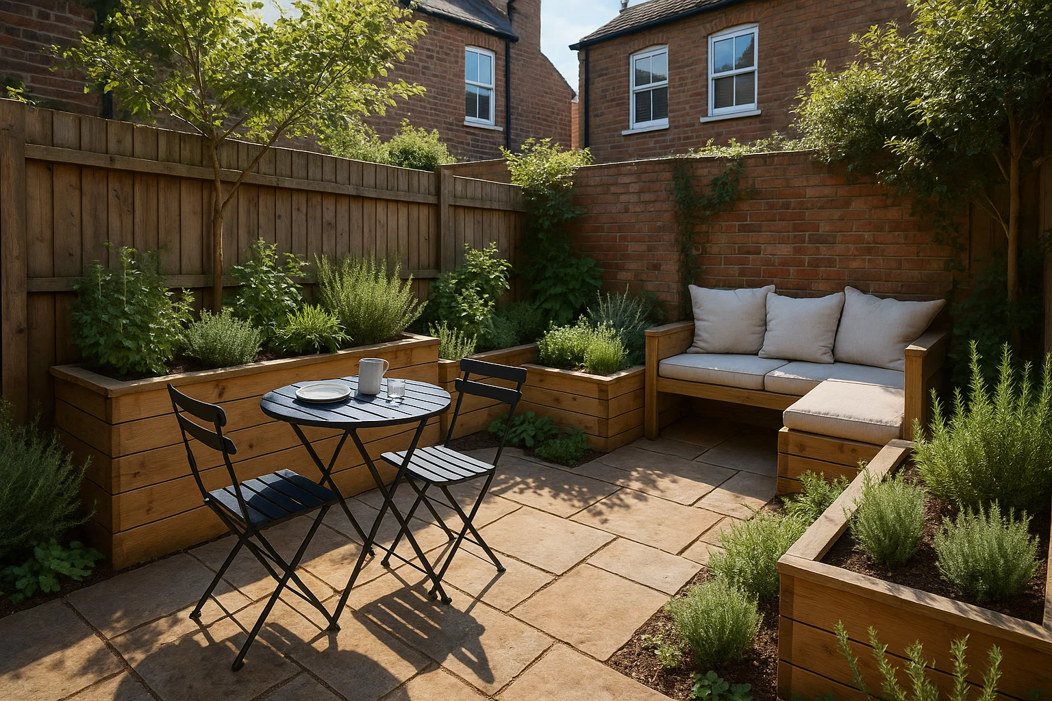 Small UK back garden with dining area, raised planters, and cosy seating nook.